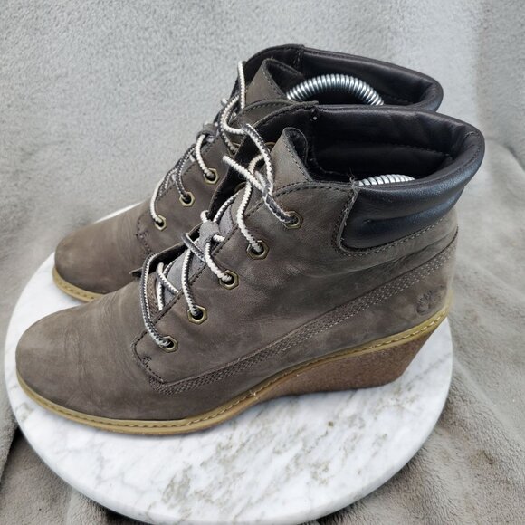 Timberland Shoes Womens Size 7.5 Taupe Brown Leather Amston Wedge Boots - Picture 1 of 11